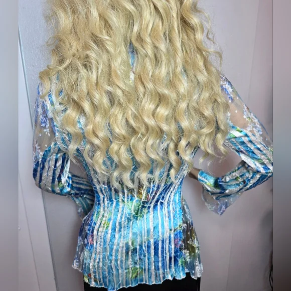 Caché Vintage Blue Abstract Floral Mesh Lace Button Up Blouse Crinkle Texture S - Picture 7 of 10